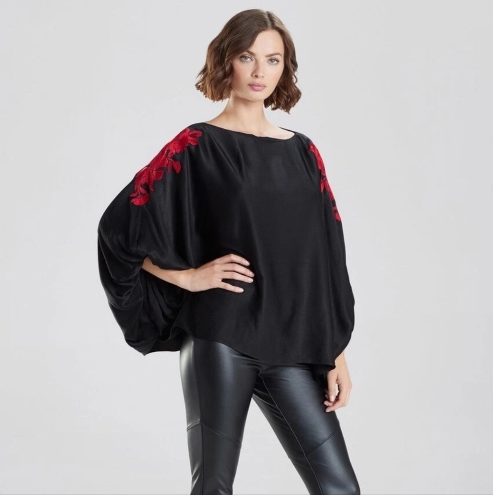 NATORI CRINKLE SATIN EMBROIDERED BLOUSE,SzS/M